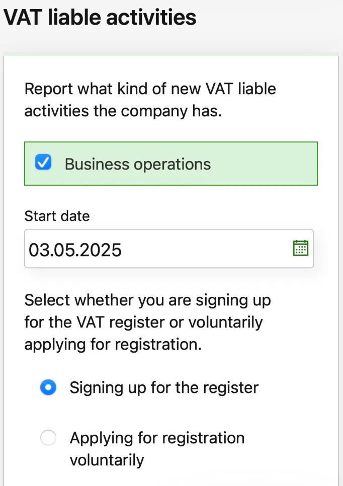 image from omavero website on selecting vat liable business operations