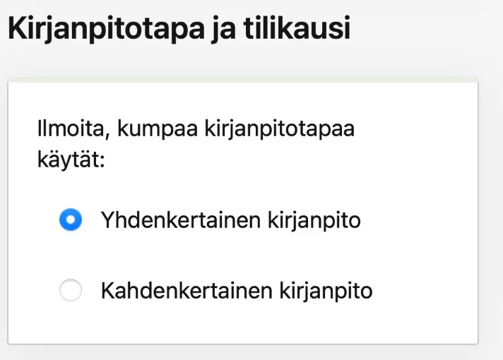 OmaVero-näkymä kirjanpitotavan ja tilikauden valinnasta