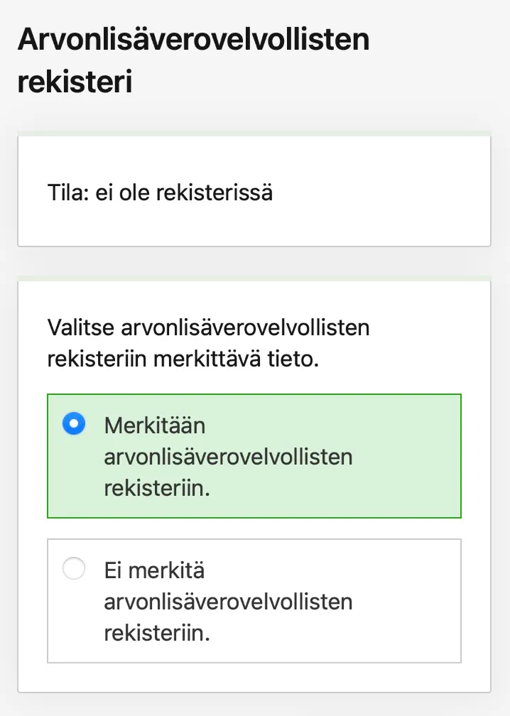 OmaVero-näkymä ALV-rekisteröinnin valinnasta