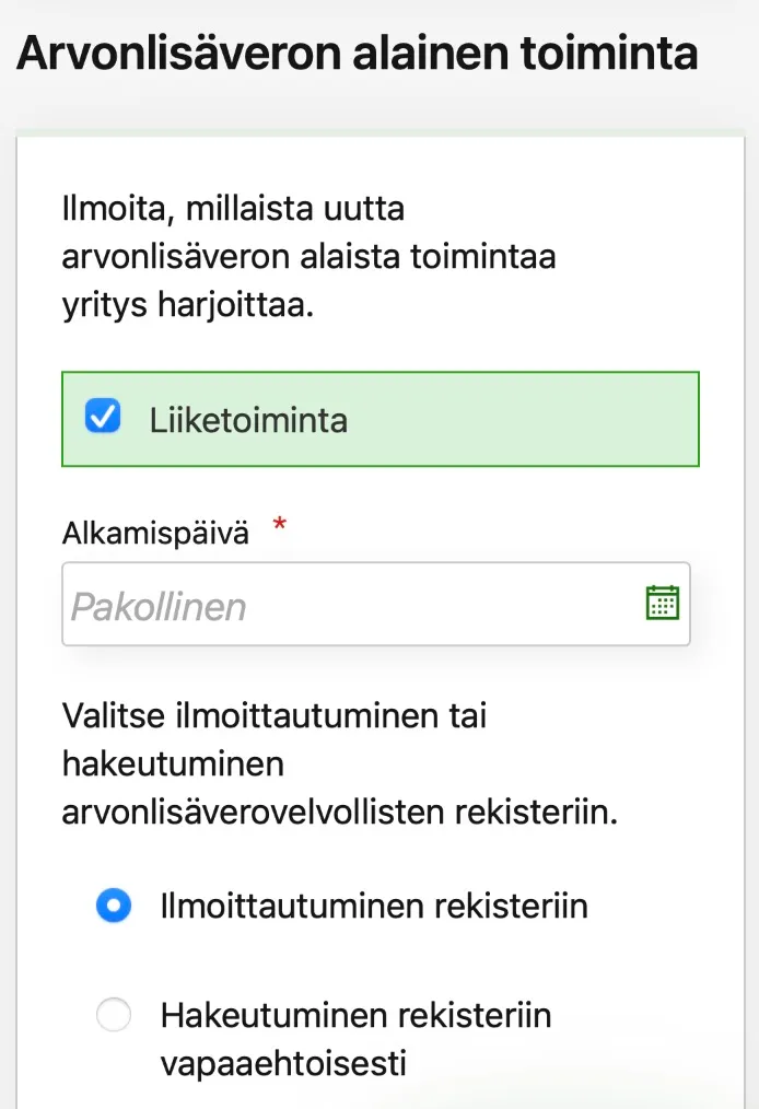OmaVero-näkymä ALV-velvollisen toiminnan valinnasta