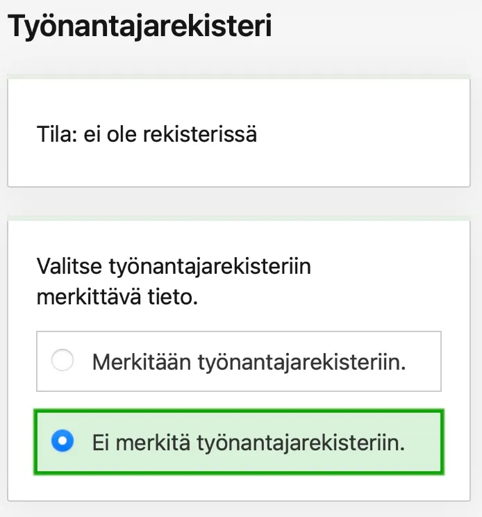 OmaVero-näkymä työnantajarekisterin valinnasta