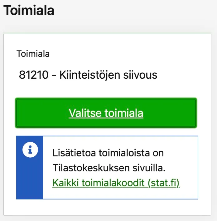 OmaVero-näkymä toimialan valinnasta