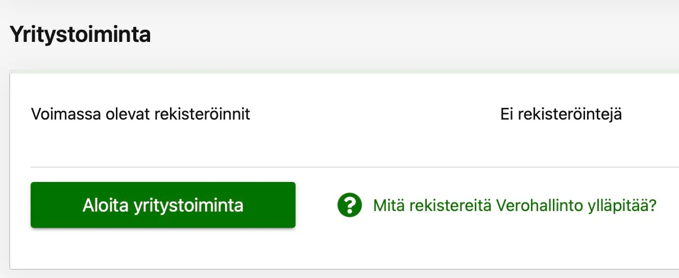 Näkymä OmaVerosta, jossa valitaan "Aloita yritystoiminta"