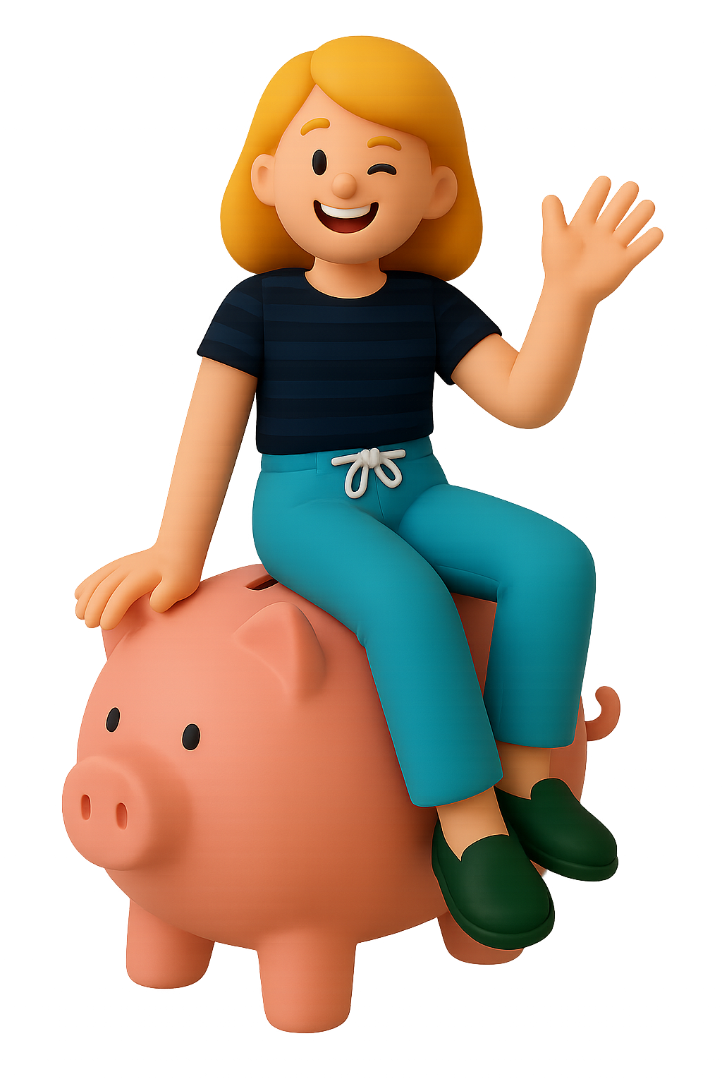 Woman sitting on a big piggy bank, smiling and winking